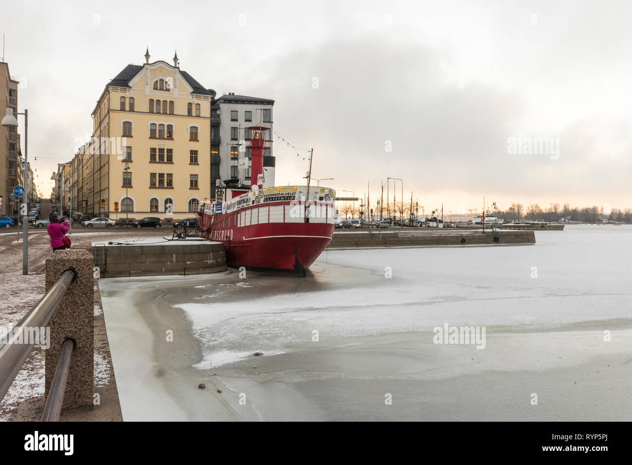 Helsinki, Finland. The Majakkalaiva Relandersgrund, a former Finnish lightship (a ship which acts as a lighthouse) painted red that is a restaurant Stock Photo
