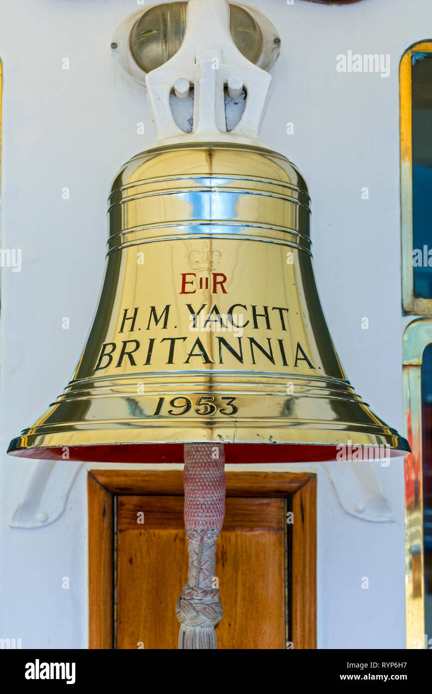 The ship's bell of the Royal Yacht Britannia, Port of Leith, Edinburgh, Scotland, UK Stock Photo