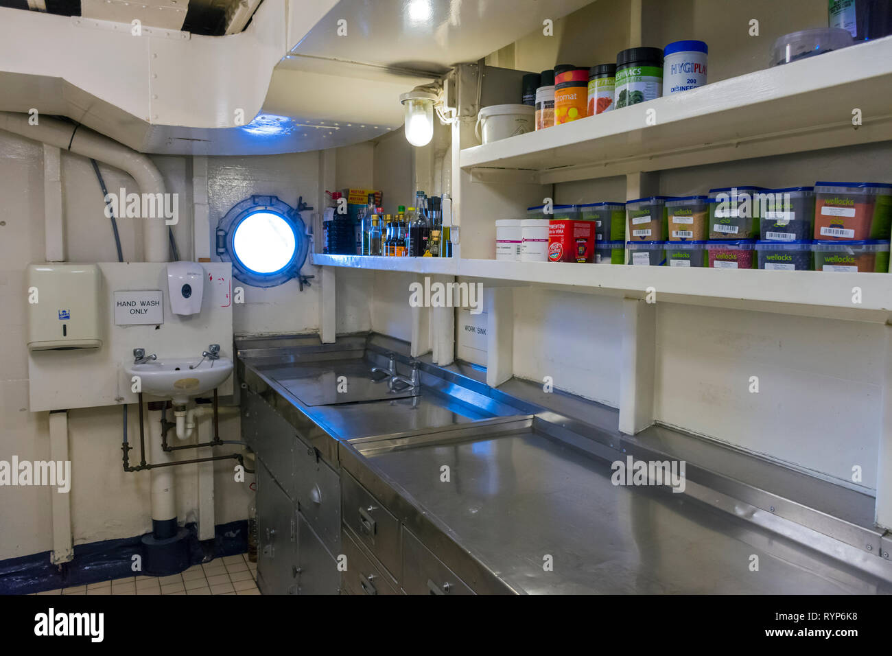 Part of the Galley (kitchen) area of the Royal Yacht Britannia, Port of Leith, Edinburgh, Scotland, UK Stock Photo