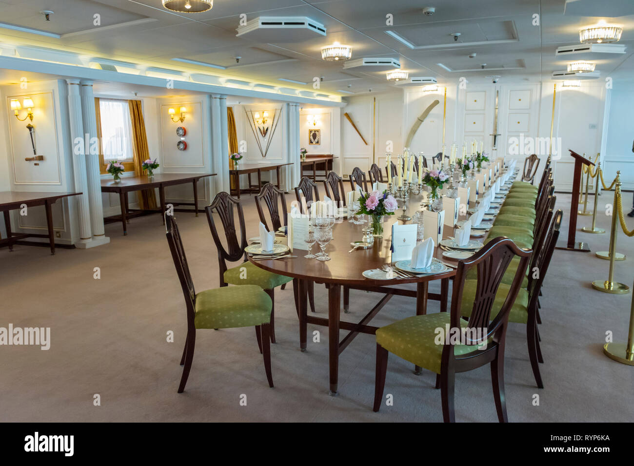 The State Dining Room, Royal Yacht Britannia, Port of Leith, Edinburgh, Scotland, UK Stock Photo