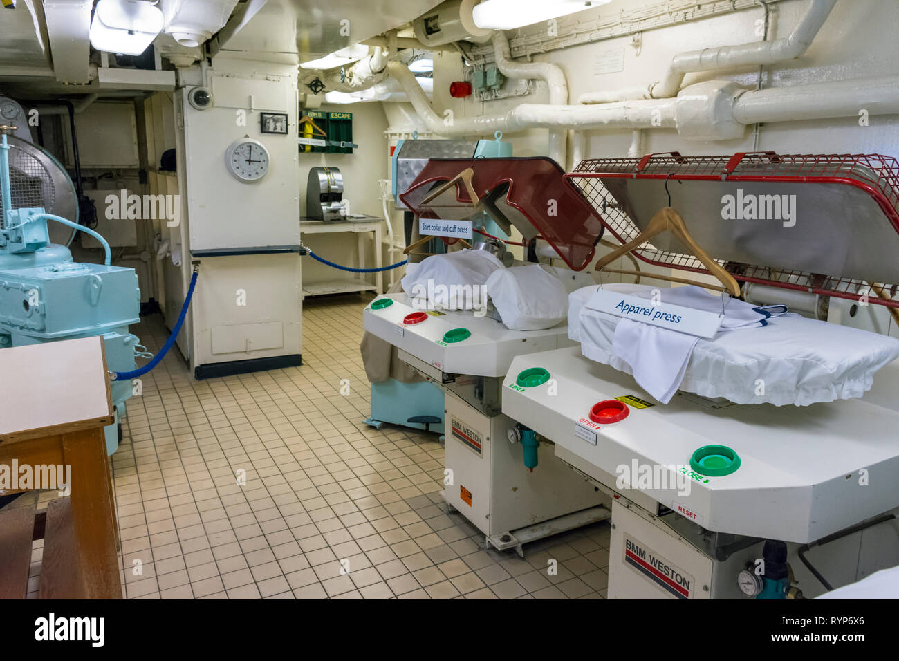 Garment presses in the laundry, Royal Yacht Britannia, Port of Leith, Edinburgh, Scotland, UK Stock Photo