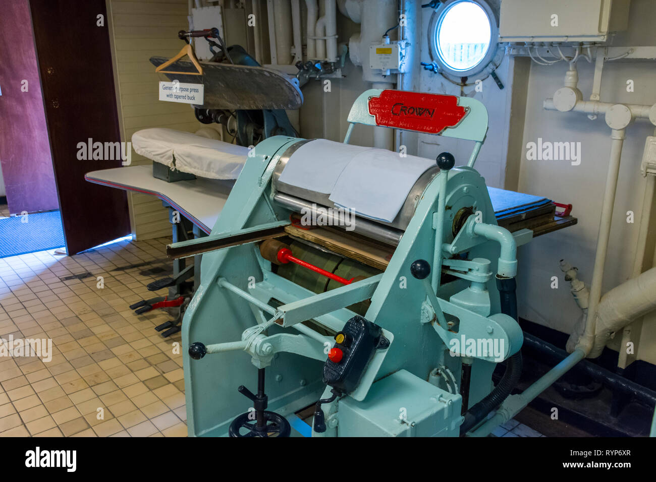Garment presses in the laundry, Royal Yacht Britannia, Port of Leith, Edinburgh, Scotland, UK Stock Photo