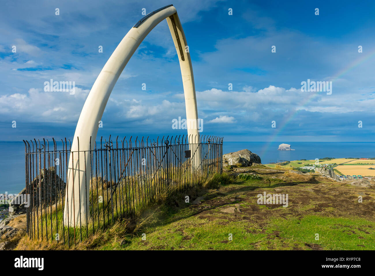 The Bass Rock from the replica whale bones on the summit of North Berwick Law, East Lothian, Scotland, UK Stock Photo