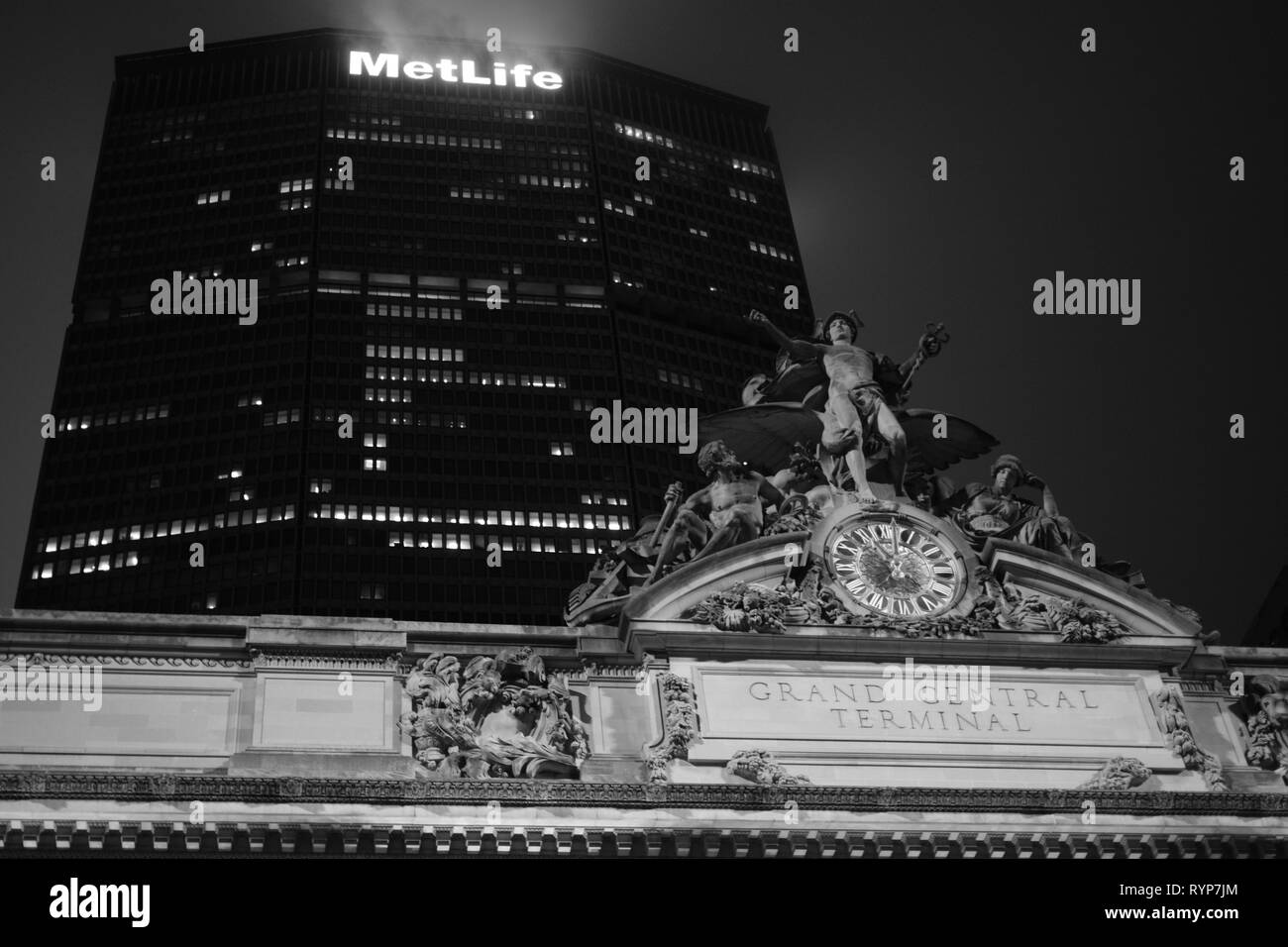 new york city - grand central station and metlife building.black & white night shot.2016. Stock Photo