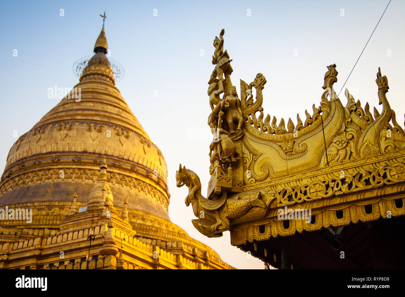 Schwezigon Pagoda at sunset, Bagan, Myanmar Stock Photo