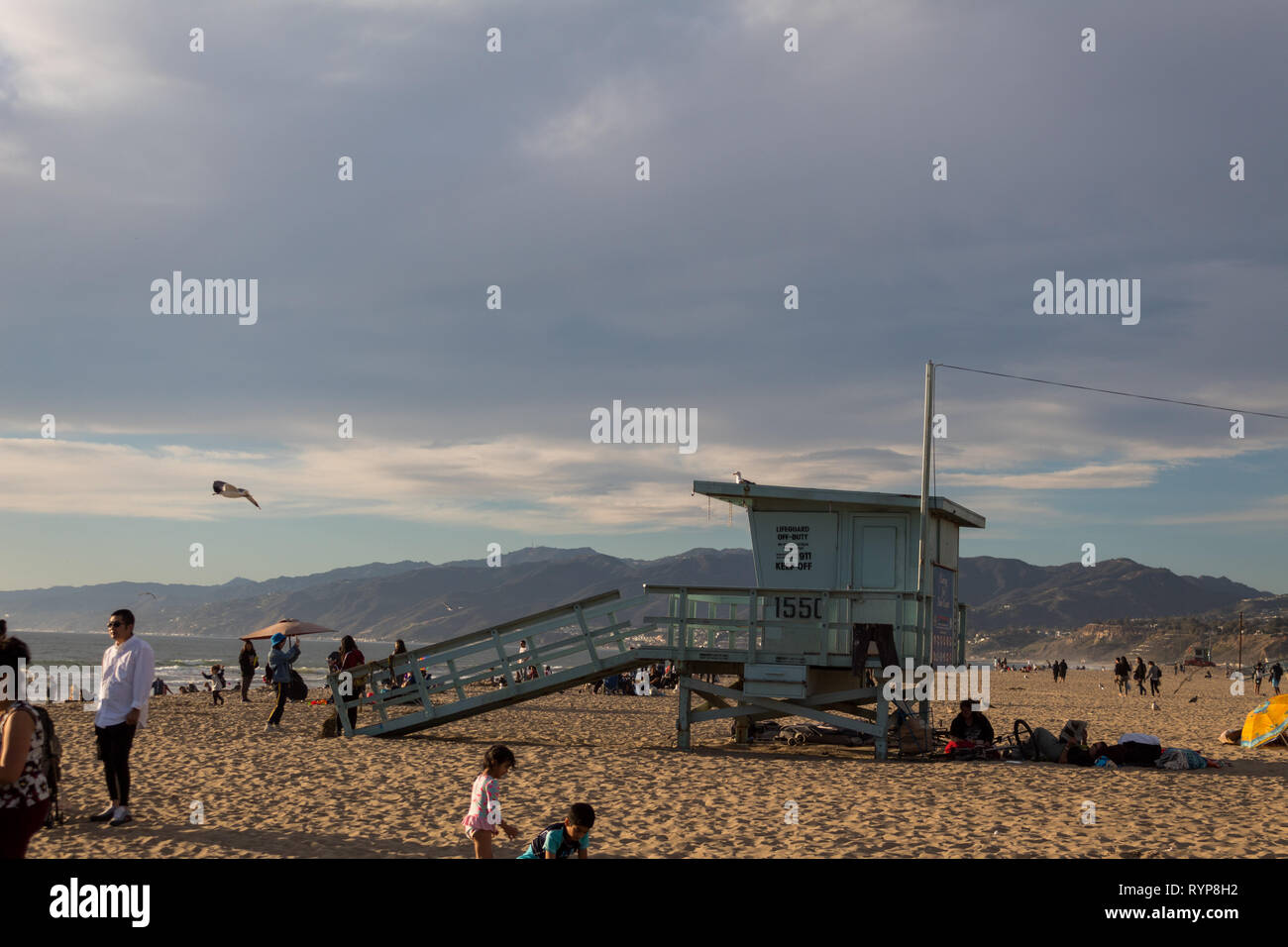 Image of people enjoying Santa Monica Beach in Los Angeles. Stock Photo