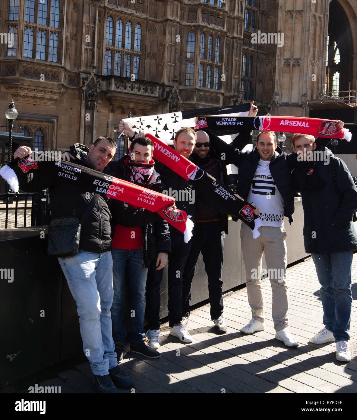 London, UK. 14th Mar, 2019. Supporters of the French soccer club Rennes, which will play Arsenal in the Europa League, in front of the House of Parliament today. Credit: Joe/Alamy Live News Stock Photo