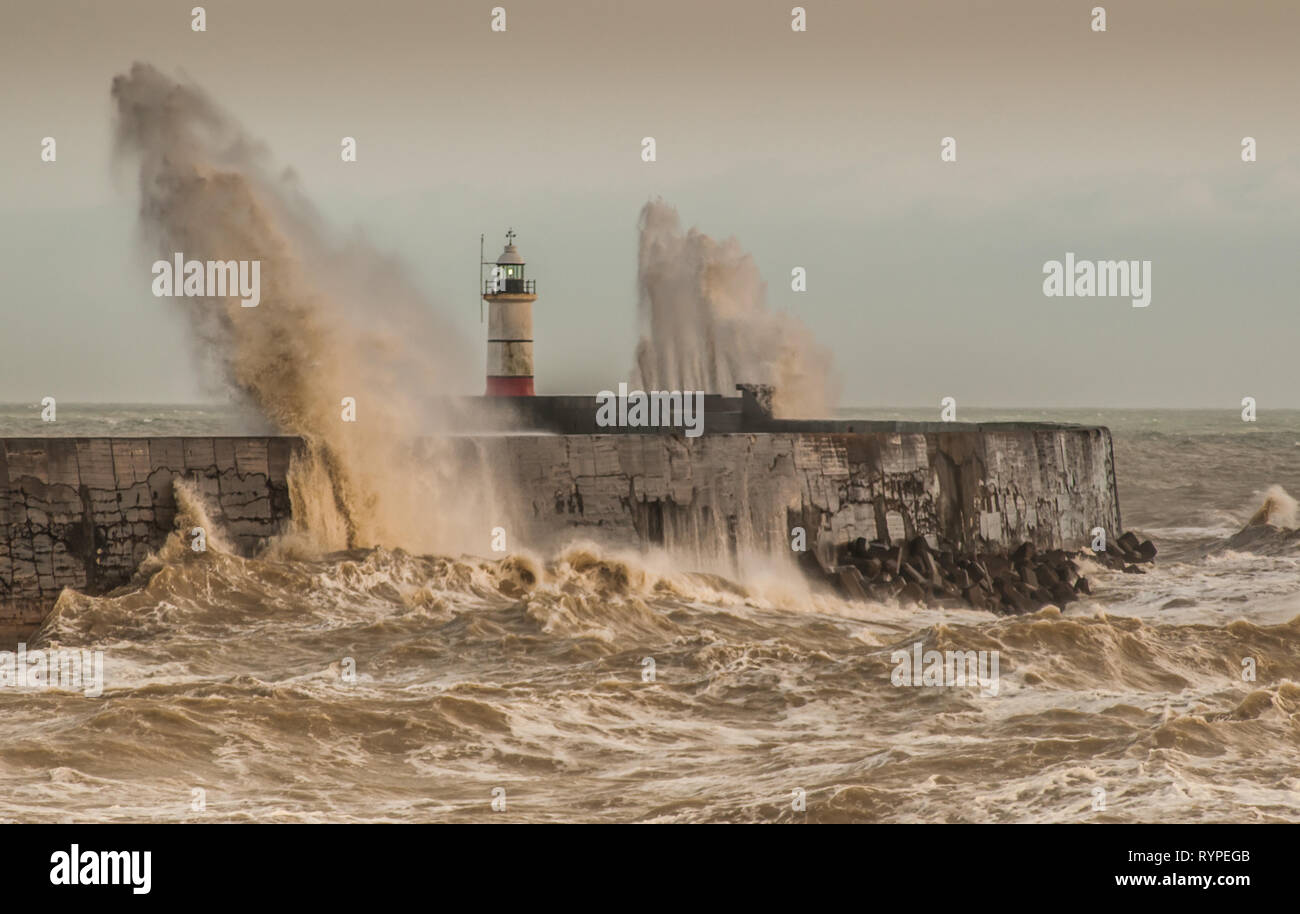 Newhaven, East Sussex, UK. 14th Mar, 2019. Still windy along the South coast as Gareth moves away. A most pleasant afternoon with bright spells & relatively warm at 9 degrees. Stormy conditions expected to return over the weekend. Stock Photo