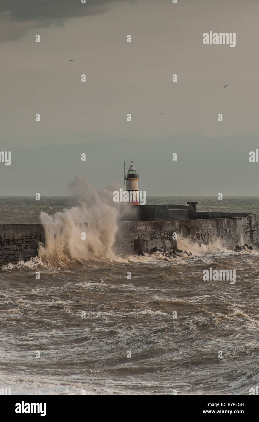 Newhaven, East Sussex, UK. 14th Mar, 2019. Still windy along the South coast as Gareth moves away. A most pleasant afternoon with bright spells & relatively warm at 9 degrees. Stormy conditions expected to return over the weekend. Stock Photo