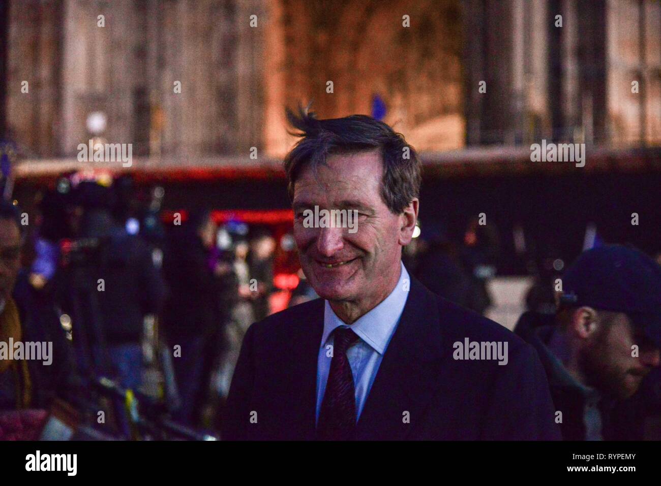 London, UK. 14th Mar, 2019. Dominic Grieve QC MP,  Conservative MP for Beaconsfield  being interviewed on College Green, as  MPs  vote  on the government motion to delay Brexit to June 2019. .Credit: Claire Doherty/Alamy Live News Stock Photo