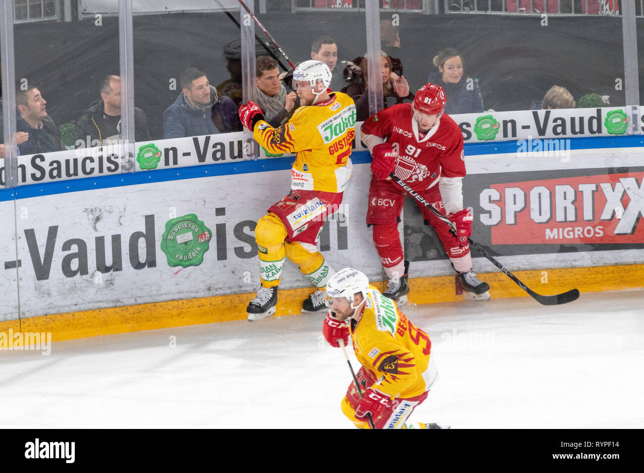 Lausanne, Switzerland. 14th March, 2019. LNA SWISS ICE HOCKEY LAUSANNE HC VS SCL TIGERS- Lausanne Hc Vs HC SCL Tigers at Vaudoise Arena, Lausanne (Play-offs,  Quarter Finals Act III), 14-03-2019. Credit: Eric Dubost/Alamy Live News Stock Photo
