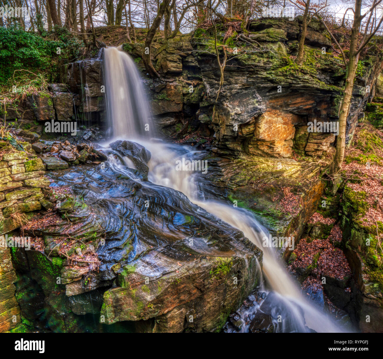 Bentley Brook, Lumsdale Valley, Matlock, Derbyshire, UK. 14th March, 2019. UK Weather high water levels at Bentley Brook in the Lumsdale Valley perfect for spectacular slow stutter speed HDR Photography. Credit: Doug Blane/Alamy Live News Stock Photo