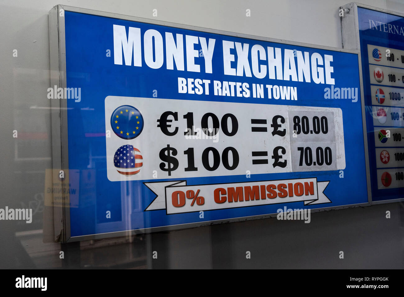 London, UK. 14th Mar, 2019. The photo taken on March 14, 2019 shows the currency rates displayed in a money exchange in London, Britain. British MPs on Thursday voted overwhelmingly to ask the European Union (EU) for an extension to Article 50 in the troubled Brexit process. Credit: Ray Tang/Xinhua/Alamy Live News Stock Photo