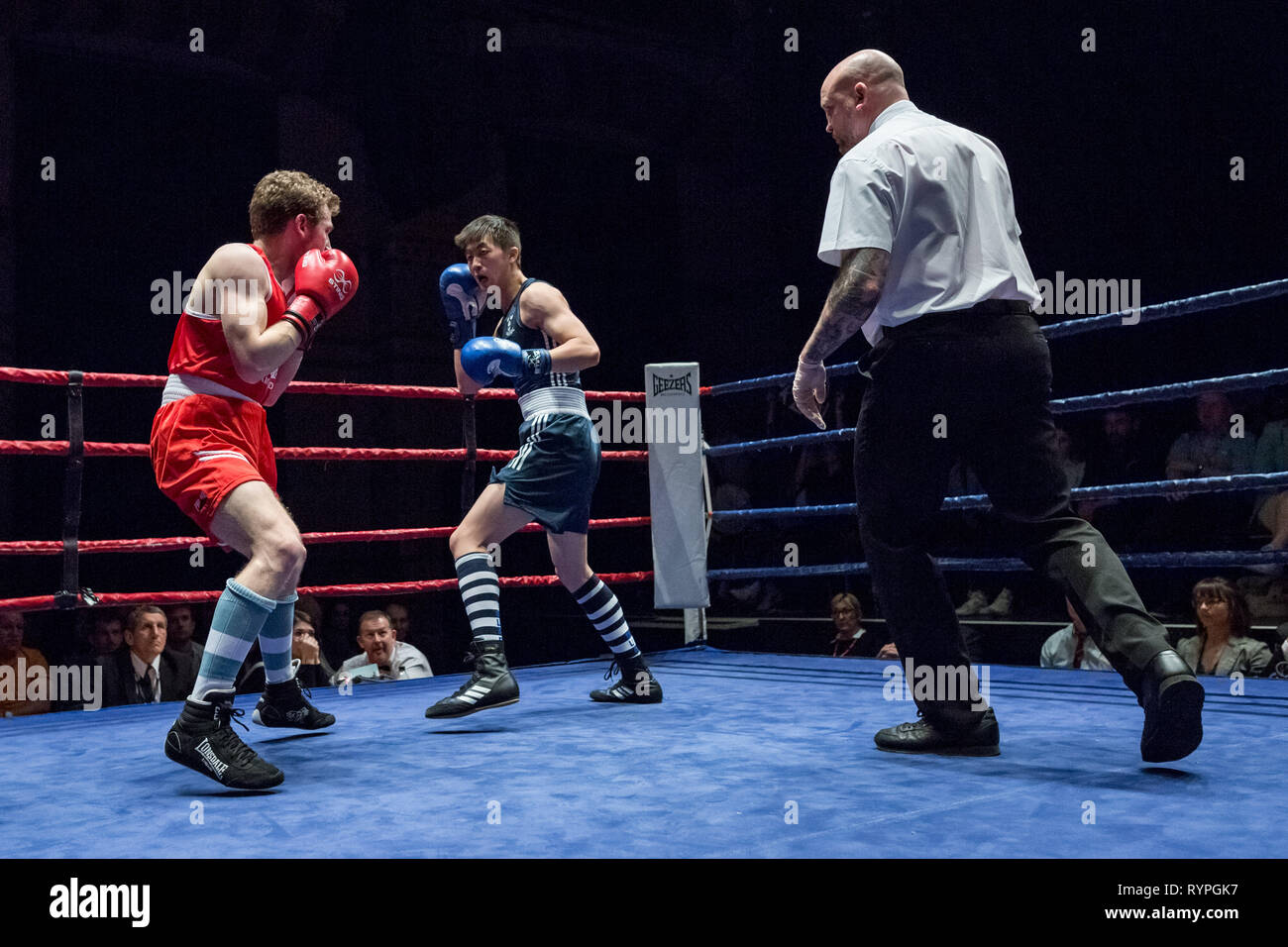 Cambridge, UK. 9th March 2019. Oxford vs Cambridge 112th Varsity Boxing Match. Cambridge university fight Oxford university on home ground at Cambridge Corn Exchange. Credit: Guy Corbishley/Alamy Live News Stock Photo