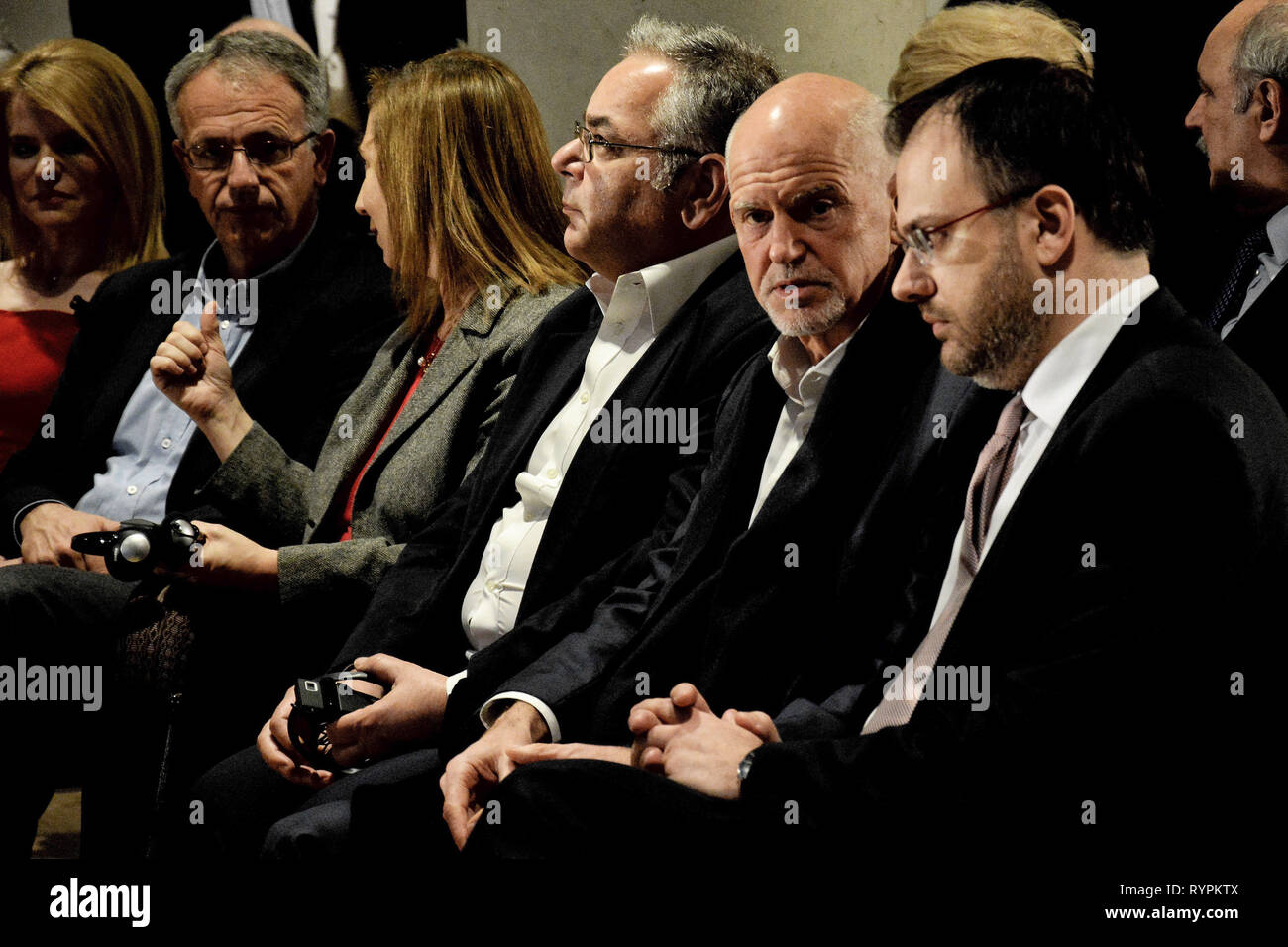 Former Greek Prime Minister, Georgios Papandreou seen attending the speech of President of Bolivia,Evo Morales at Stavros Niarchos Foundation Cultural Center. Stock Photo