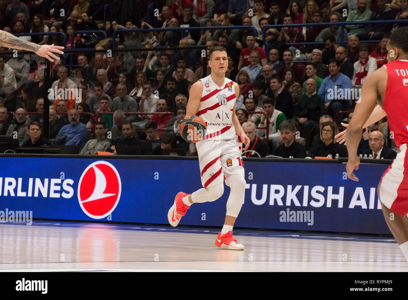 Milan, Italy. 14th Mar, 2019. Nemanja Nedovic, #16 of AX Armani Exchange  Olimpia Milano and during the 2018/2019 Turkish Airlines EuroLeague Regular  Season Round 26 game between AX Armani Exchange Olimpia Milano