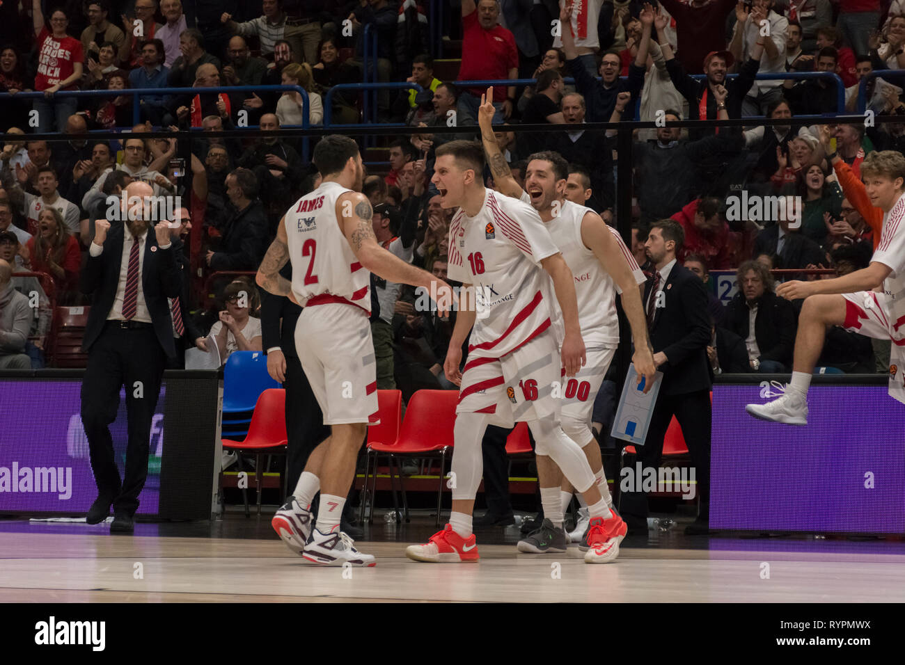 Milan Italy 14th Mar 2019 Mike James 2 Amedeo Della Valle 00 And Nemanja Nedovic 16 Of Ax Armani Exchange Olimpia Milano During The 2018 2019 Turkish Airlines Euroleague Regular Season Round 26