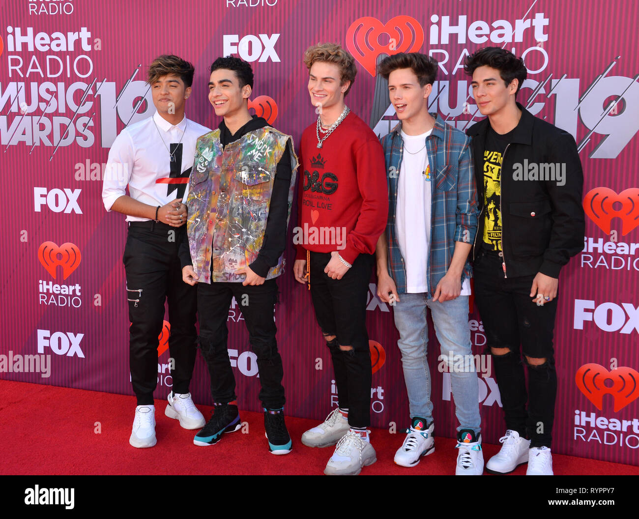 Los Angeles, USA. 14th Mar, 2019. LOS ANGELES, CA. March 14, 2019: In Real Life, Sergio Calderon, Drew Ramos, Brady Tutton, Michael Conor & Chance Perez at the 2019 iHeartRadio Music Awards at the Microsoft Theatre. Picture Credit: Paul Smith/Alamy Live News Stock Photo