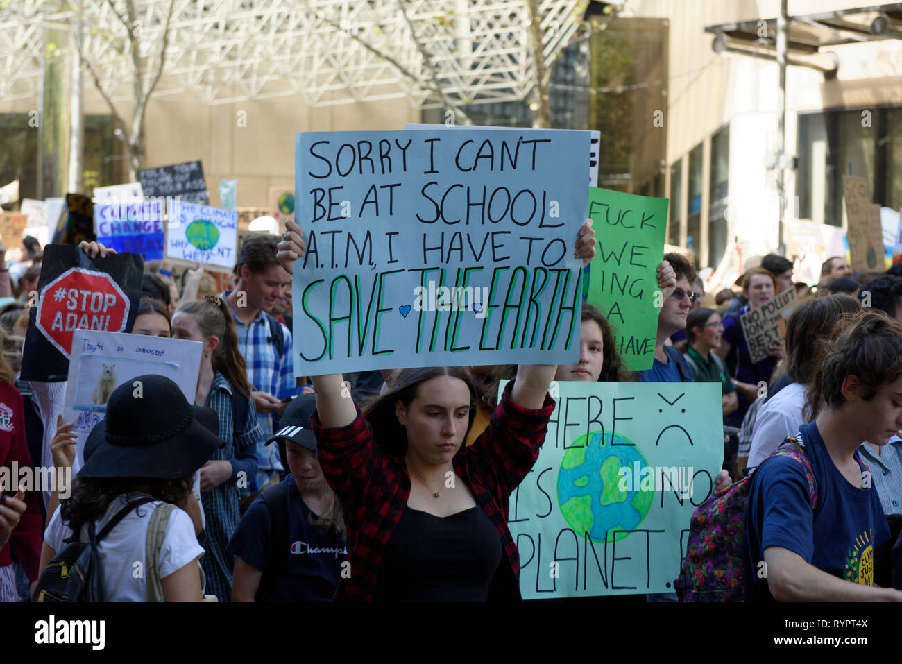 Melbourne, Australia. 15th March, 2019. Thousands of school students in Melbourne take part in the School Strike for Climate protest today as part of a national and global movement by students for greater urgency from politicians in tackling Climate Change which they see as the greatest threat to their future. Credit: Steven Sklifas/Alamy Live News Stock Photo