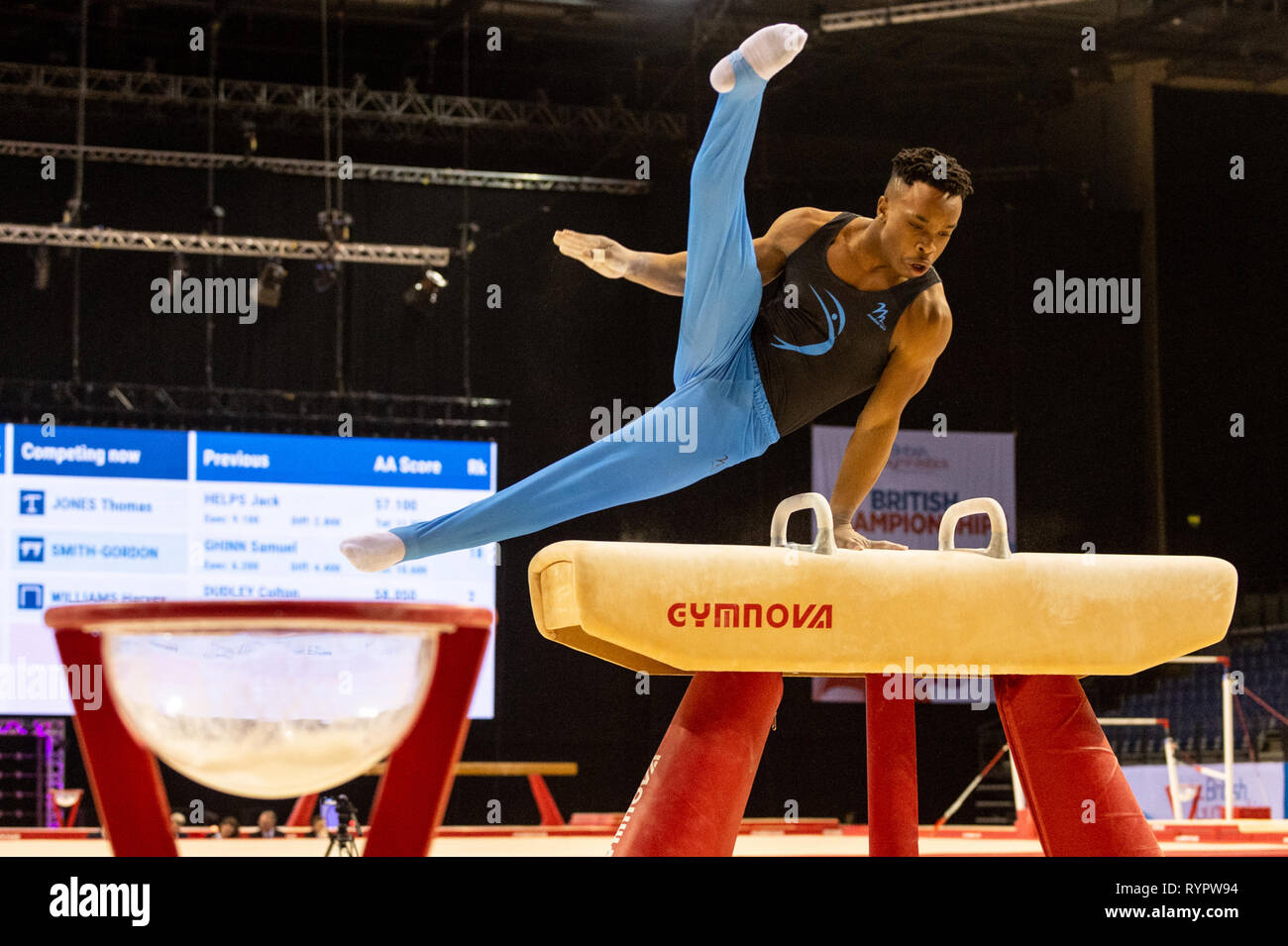 Liverpool, UK. 14th March 2019. Raekwon Baptiste (Notts) competing on Pommel Horse during the Men’s and Women’s Artistic British Championships at the M & S Bank Arena, Liverpool, UK. Credit: Iain Scott Photography/Alamy Live News Stock Photo