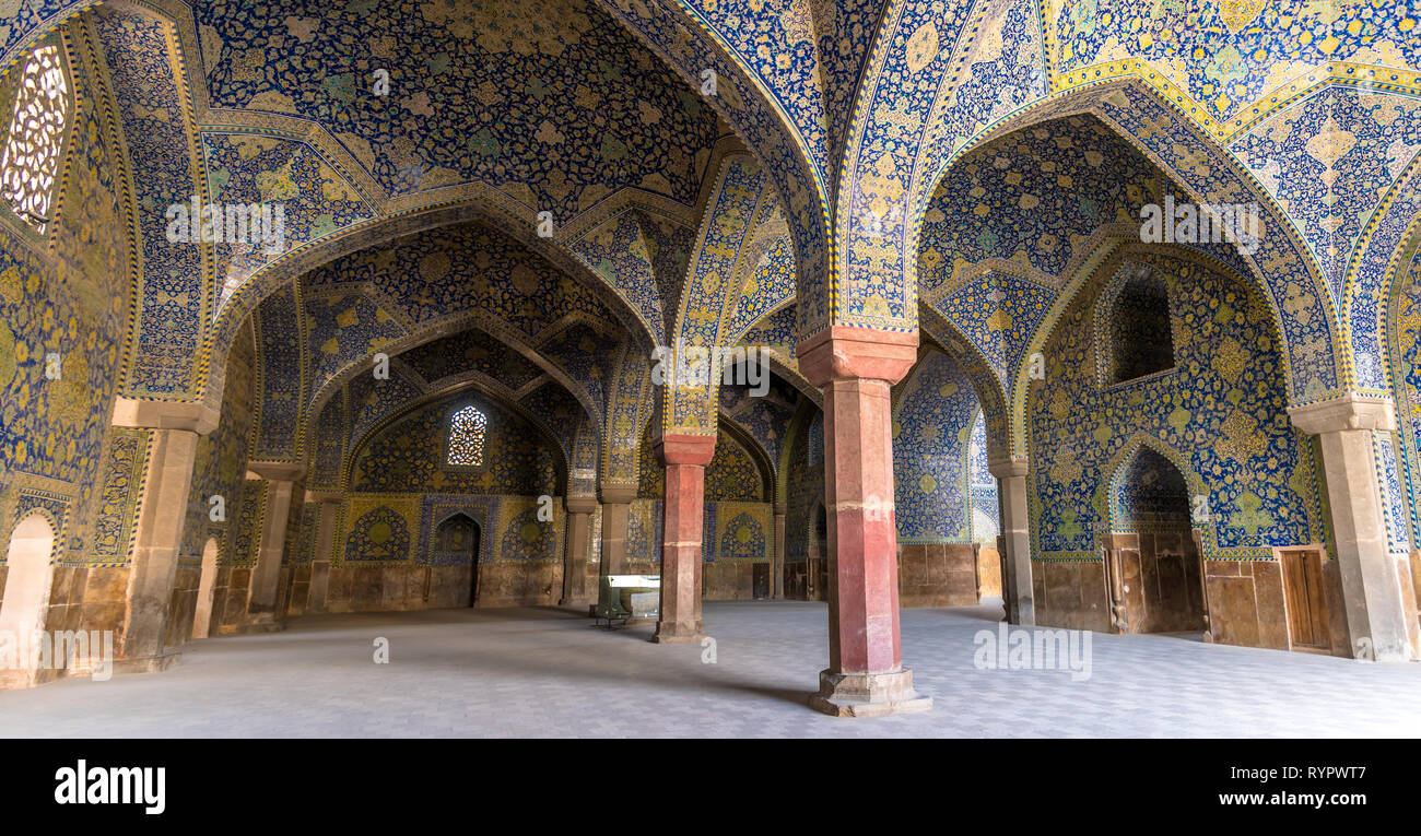 View of interion of winter mosque, part of Shah Abbas Mosque complex, Esfahan, Iran Stock Photo