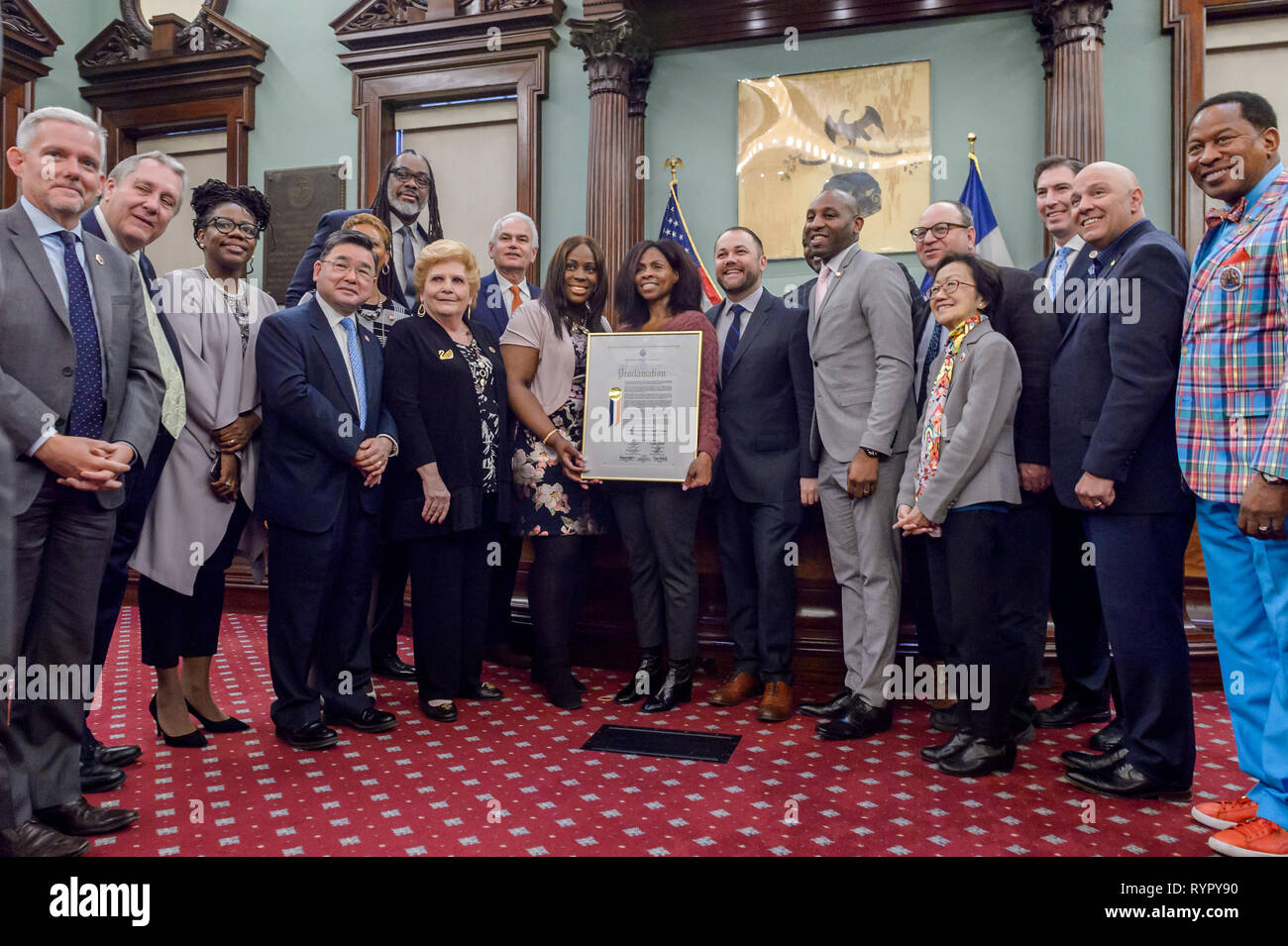 New York, United States. 13th Mar, 2019. Former NYPD Assistant Chief Juanita Holmes, head of Patrol Borough Queens North since 2016 and one of the highest ranking African-American women in the agency, was honored by the New York City Council. She became the first African-American woman to ever to have a borough command in the NYPD. Credit: Erik McGregor/Pacific Press/Alamy Live News Stock Photo