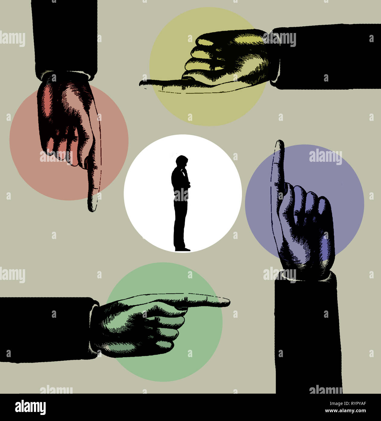 Concept image of a man thinking surrounded by four pointing hands depicting possible directions Stock Photo
