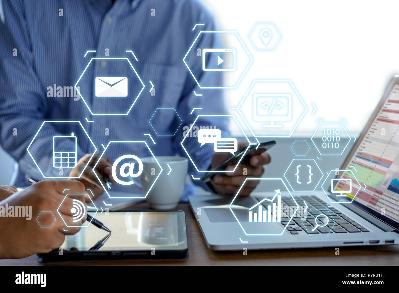Man using  tablet computer  virtual interface graphic icons network diagram Digital marketing Stock Photo