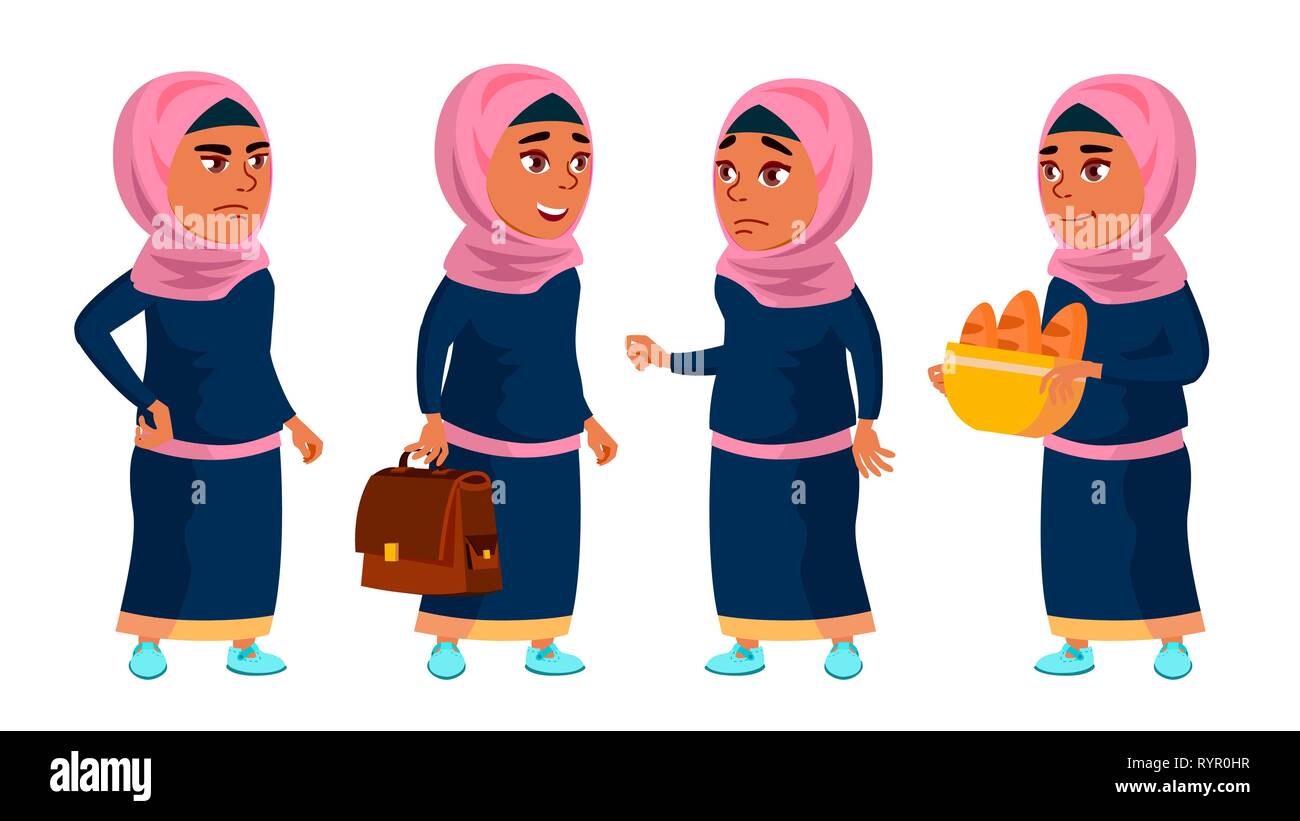 Arab Muslim Girl School Girl Kid Poses Set Vector Teenager Classroom Room For Advertising Booklet Placard Design Isolated Cartoon Stock Vector Image Art Alamy