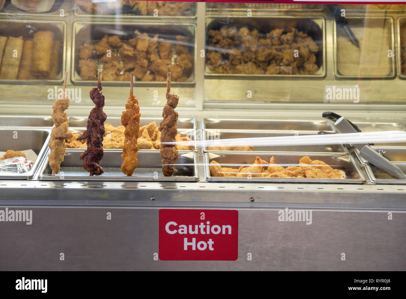 Chicken skewers in deli case at a store in Island City, Oregon Stock