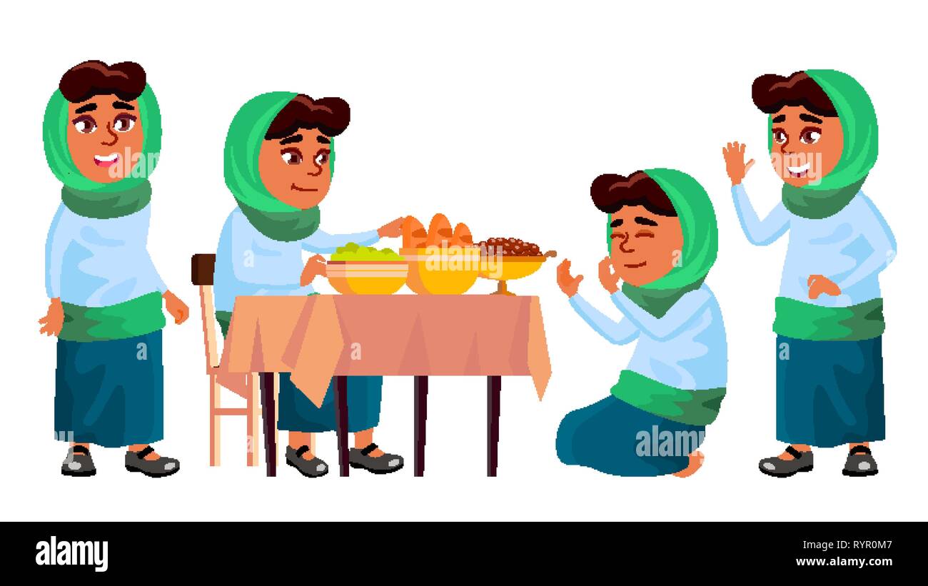 Arab, Muslim Girl Set Vector. Prayer. Religion. Breakfast. Traditional
