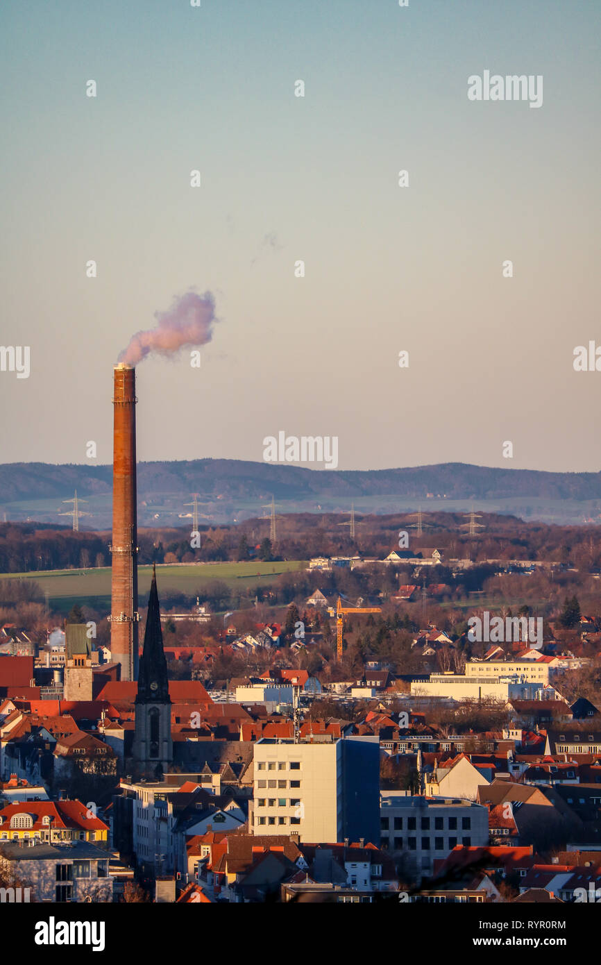 Panorama of Bielefeld, Germany with a smoking Chimney Stock Photo