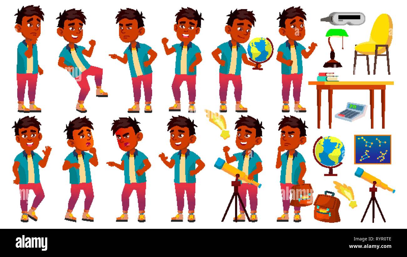 Indian Boy Schoolboy Kid Poses Set Vector. Primary School Child. Young ...