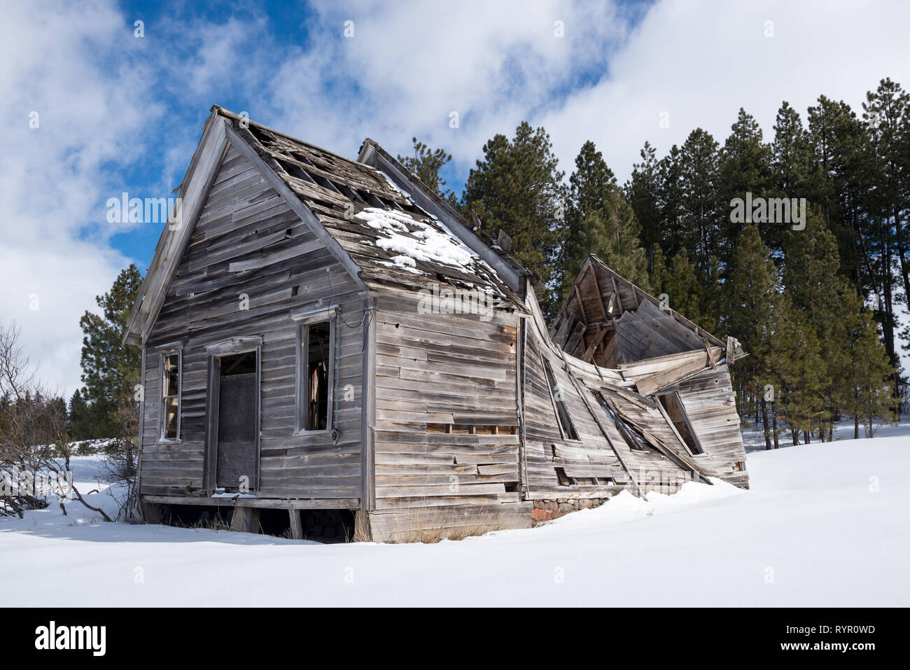 Collapsed abandoned farmhouse, Union County, Oregon. Stock Photo