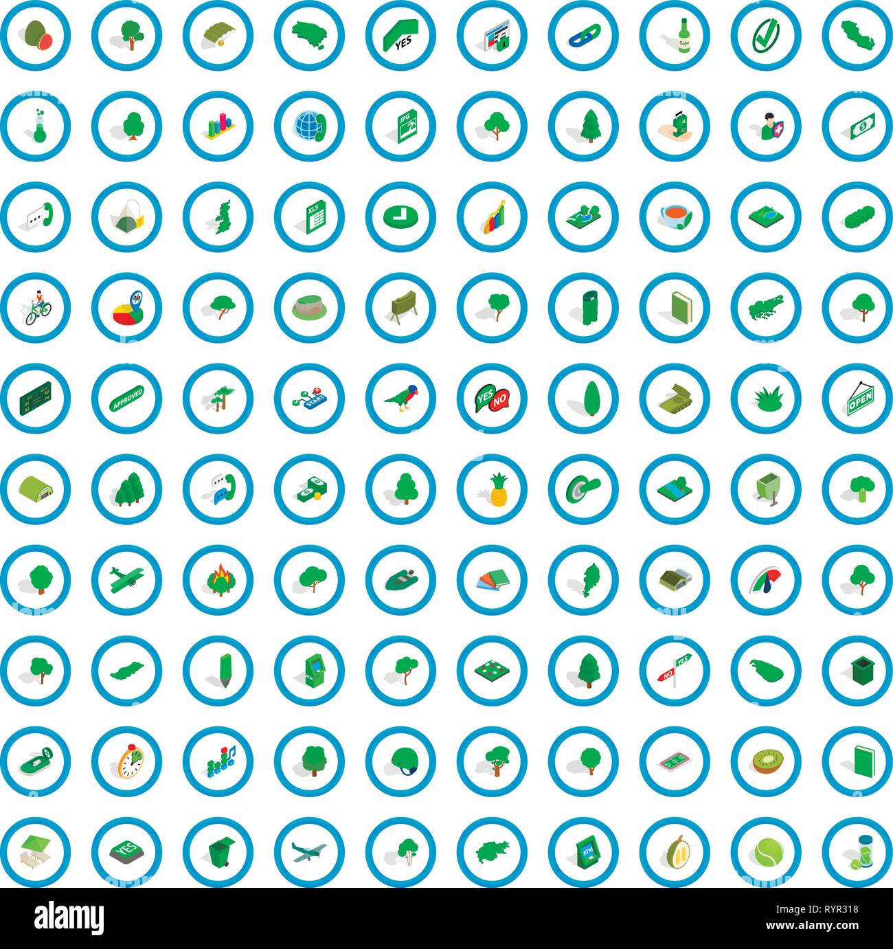 100 green icons set, isometric 3d style Stock Vector