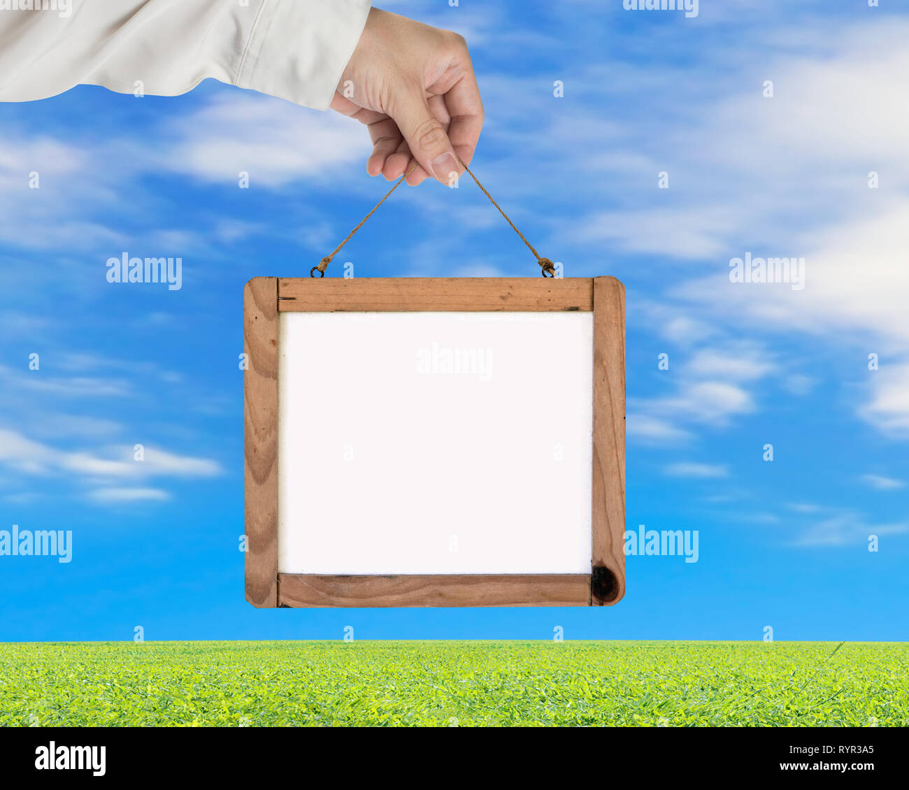 Hand holding blank white message board with blue sky clouds green grass