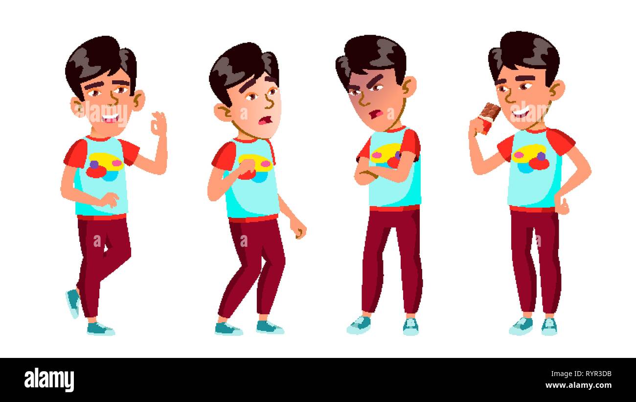 Asian Boy Schoolboy Set Vector. Primary School Child. Little Kid. Face ...