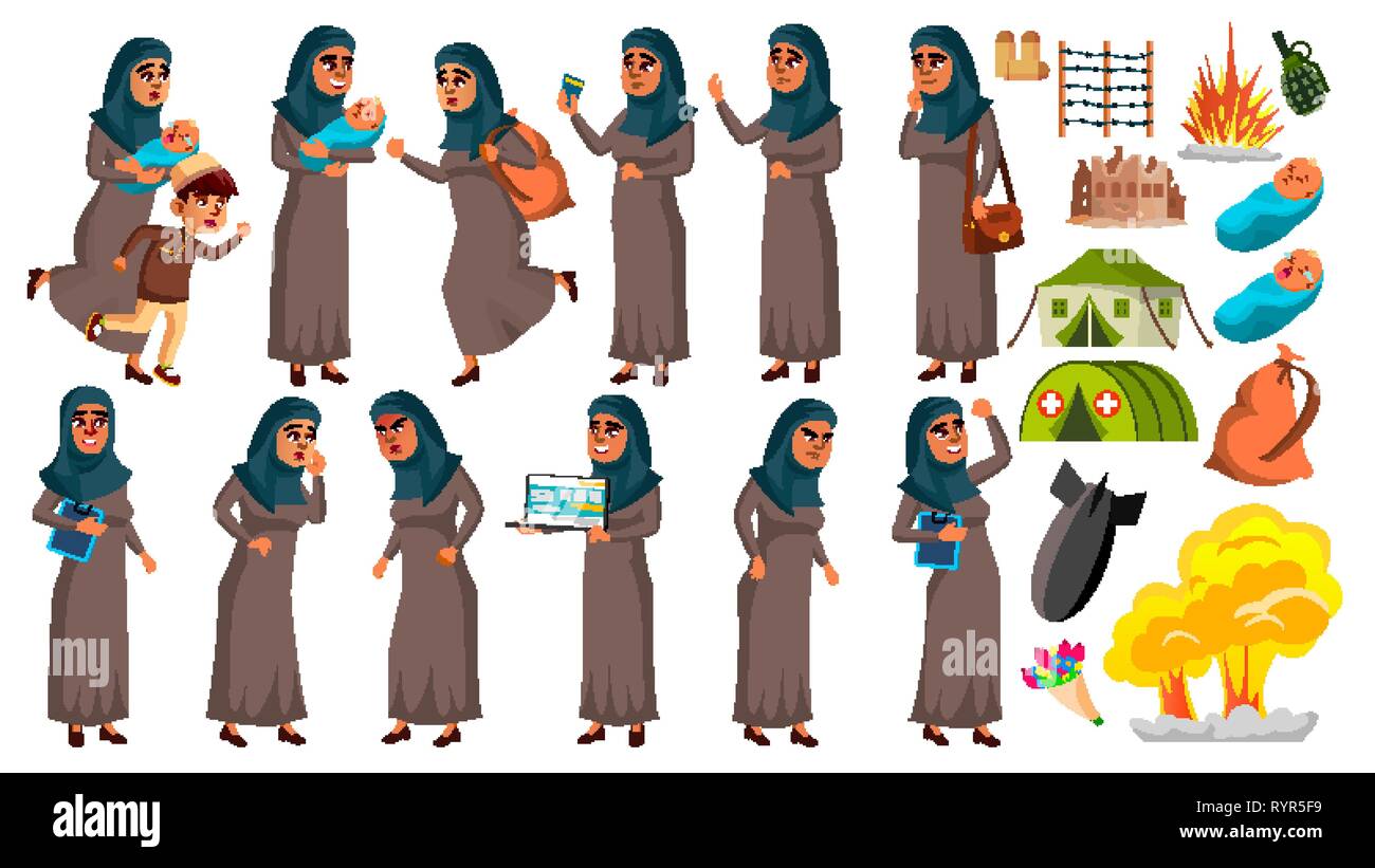 Arab, Muslim Teen Girl Poses Set Vector. Refugee, War, Bomb, Explosion, Panic. For Web Design. Isolated Cartoon Illustration Stock Vector Image & Art - Alamy Arab, Muslim Teen Girl Poses Set Vector. Refugee, War, Bomb, Explosion, Panic. For Web Design. Isolated Cartoon Illustration Stock Vector Image & Art - Alamy