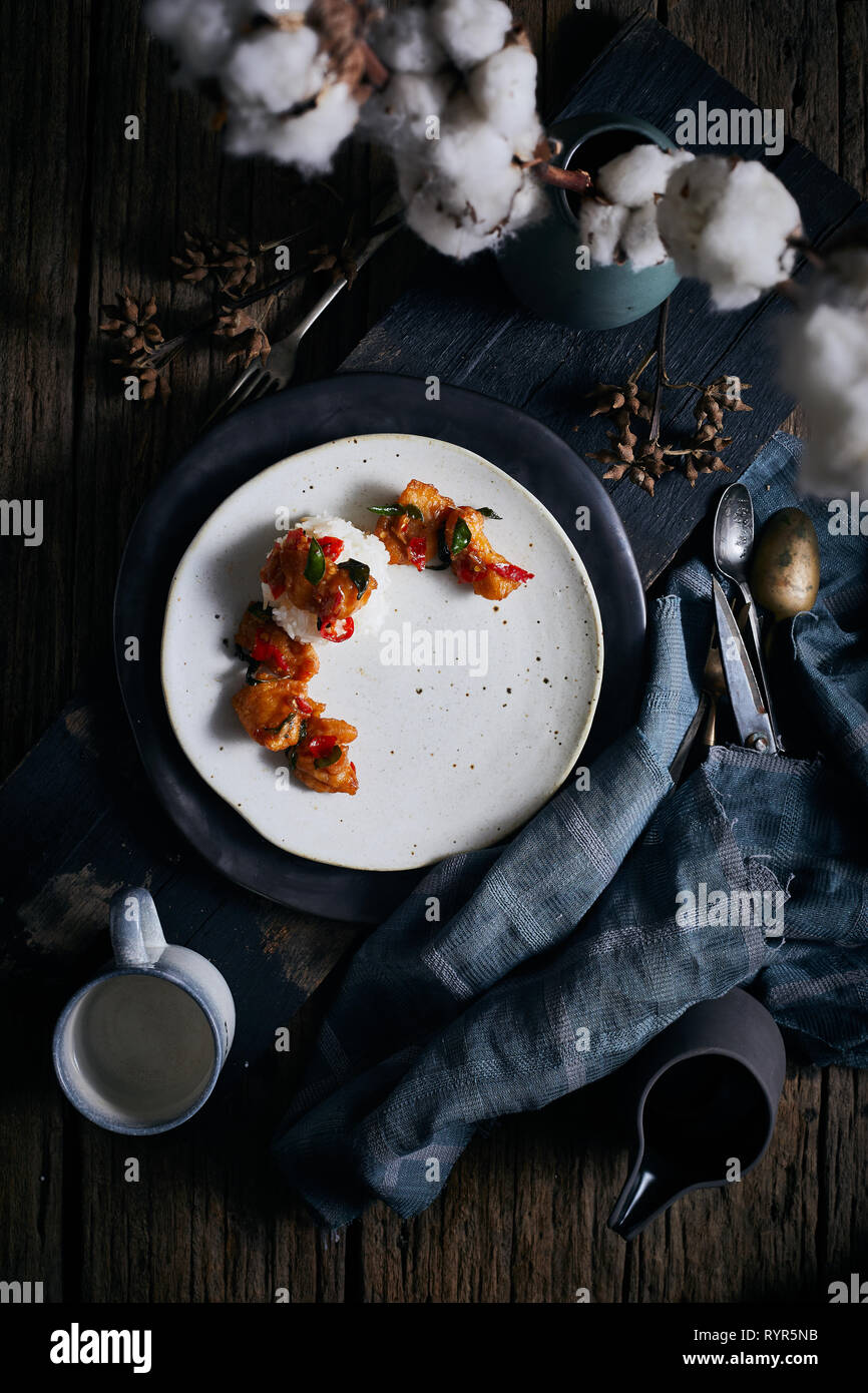 Stir fried chilli fish with rice Stock Photo - Alamy