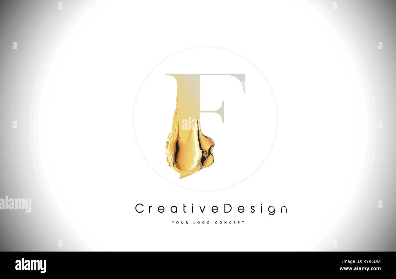 F Golden Letter Design Brush Paint Stroke. Gold Yellow f Letter Logo ...