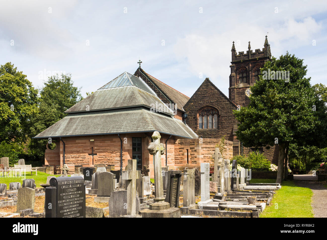 Gravestones in the graveyard of  St Peters church, Woolton, Liverpool.  It was at this church where Paul McCartney and John Lennon first met at a Chri Stock Photo