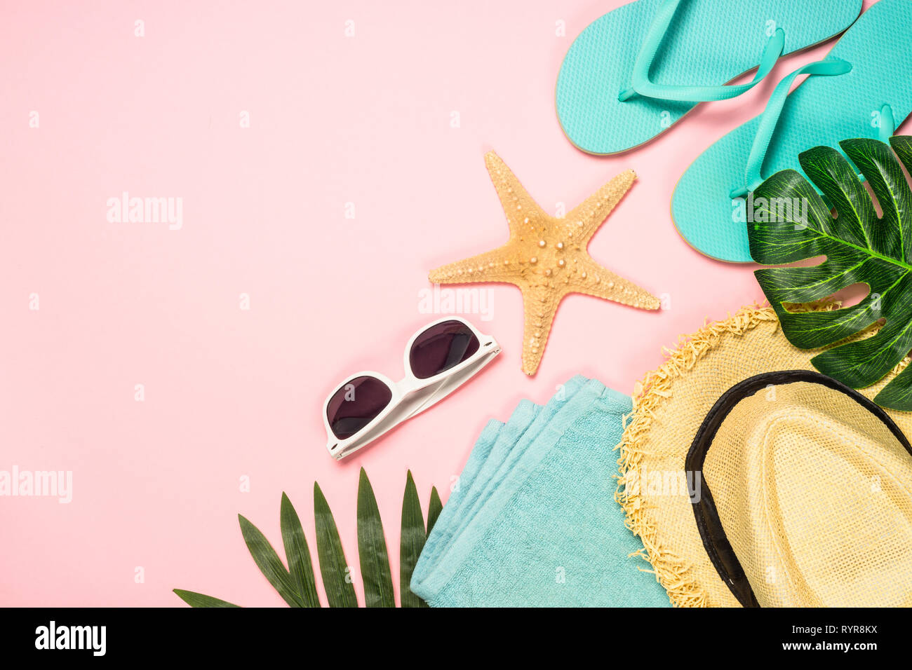Summer flat lay background on pink Stock Photo - Alamy