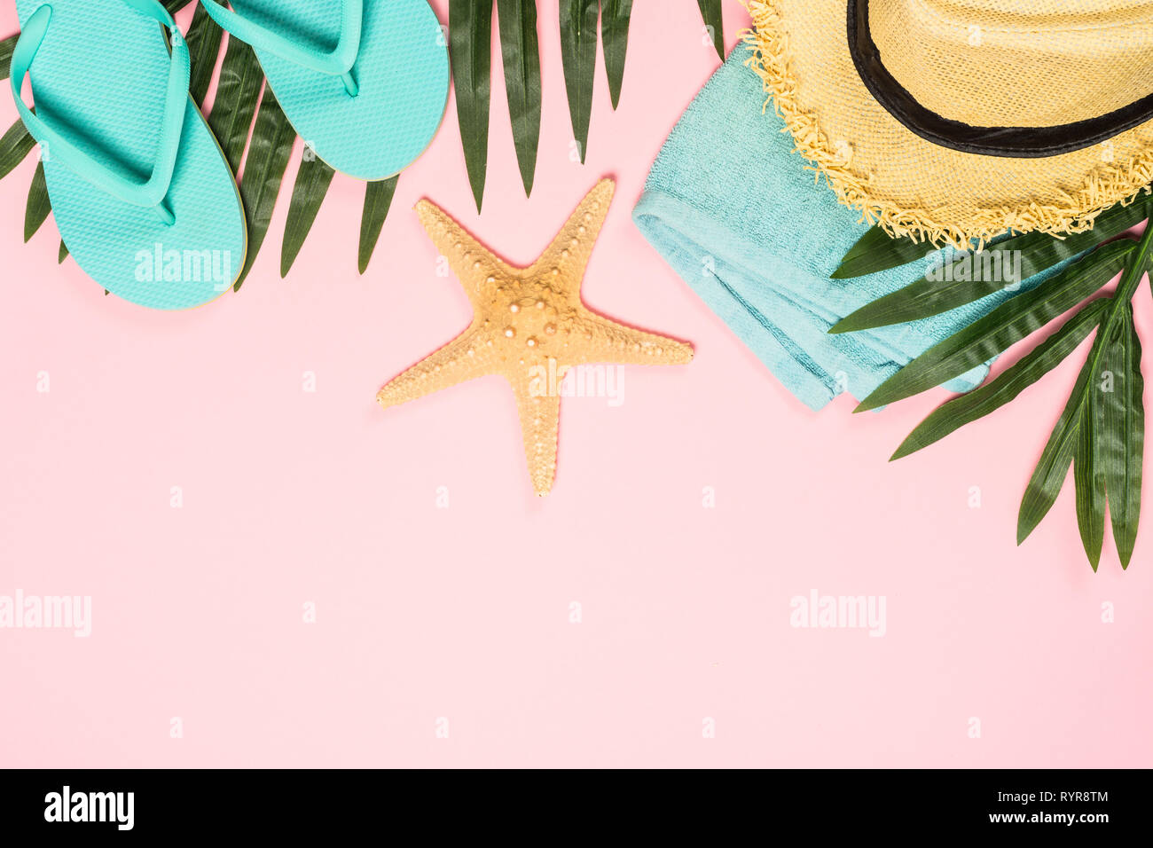 Summer flat lay background on pink Stock Photo - Alamy