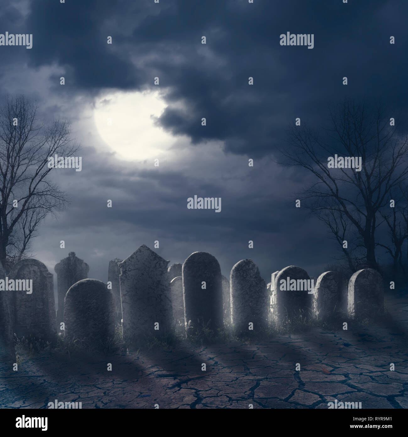 Halloween scary night concept. Horror graveyard at night with evil moon.  October 31 halloween party poster design background Stock Photo - Alamy