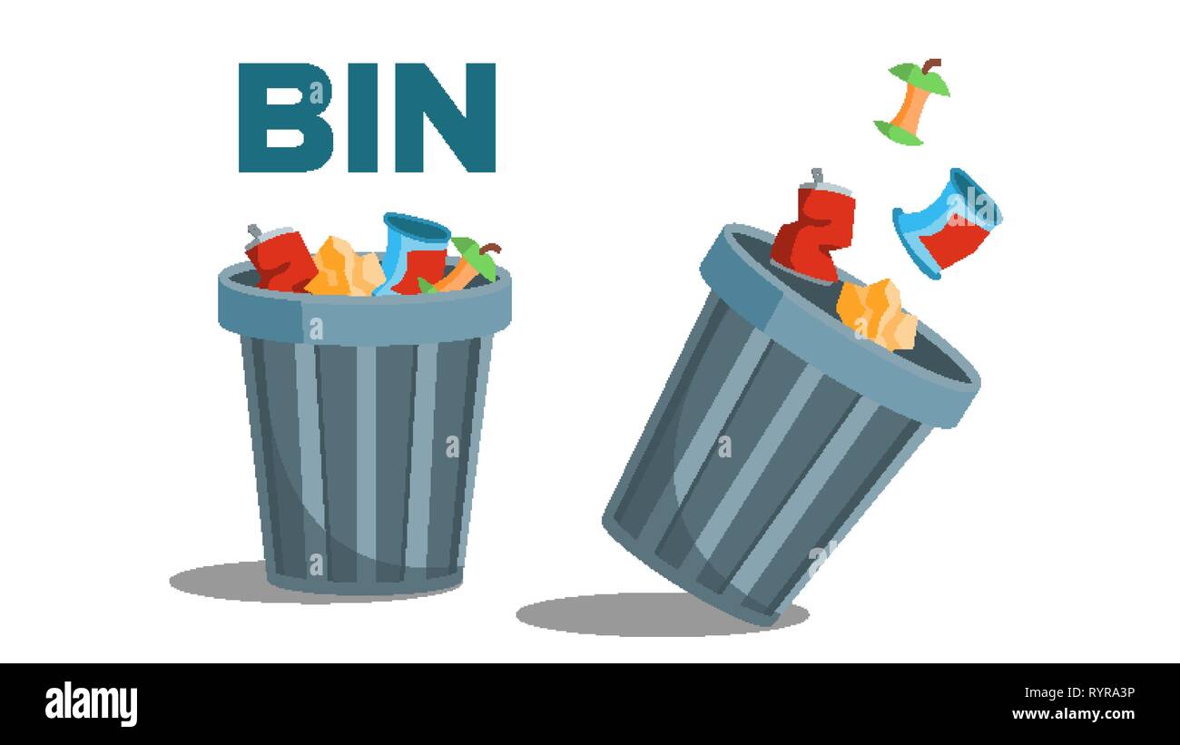 Bin Garbage Vector. Full Of Trash. Inverted. Isolated Flat Illustration