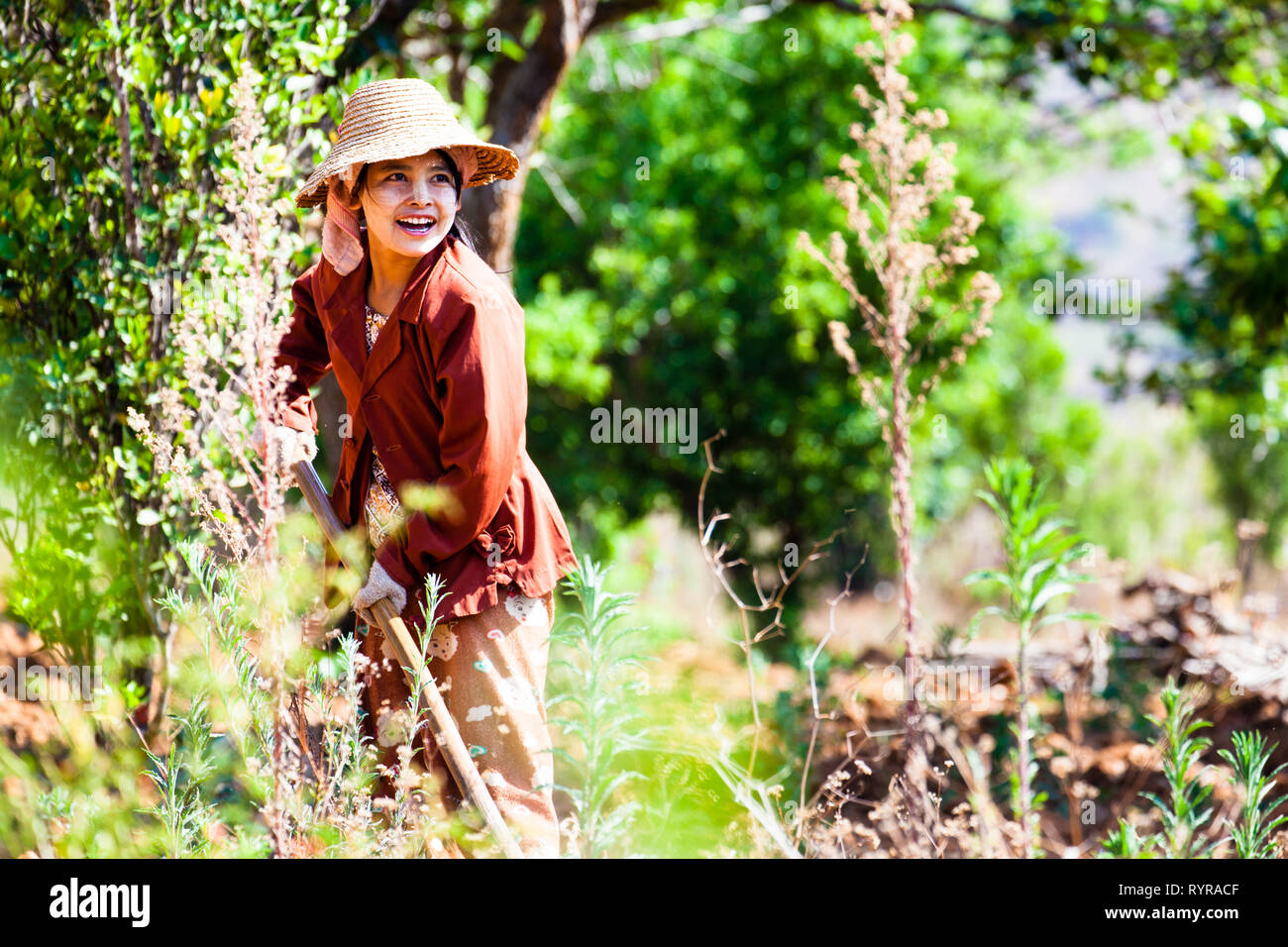 A smiling farm labourer near Kalaw, Myanmar Stock Photo