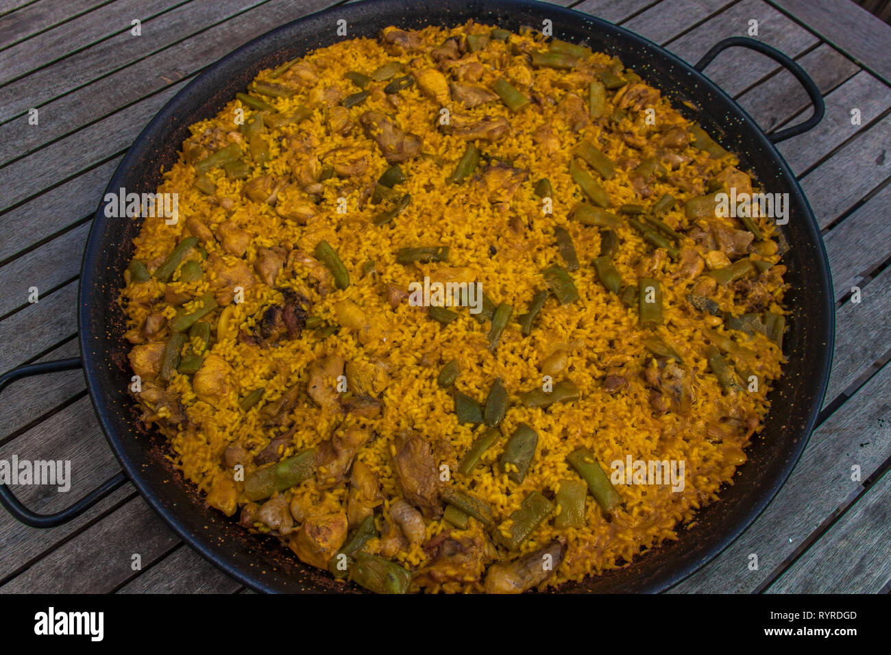 Chicken, Rabbit and Green beans typical Spanish Paella. Cooked on