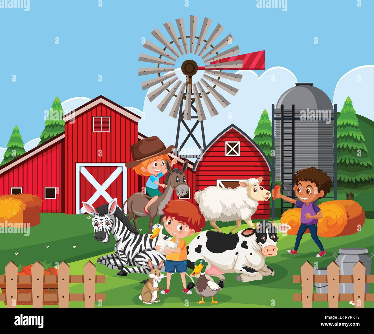 Children at farmland with animals illustration Stock Vector Image & Art ...