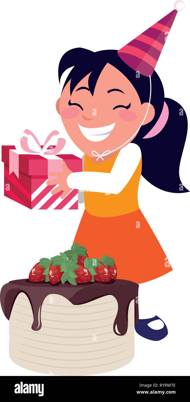 happy girl with birthday cake celebration vector illustration Stock ...