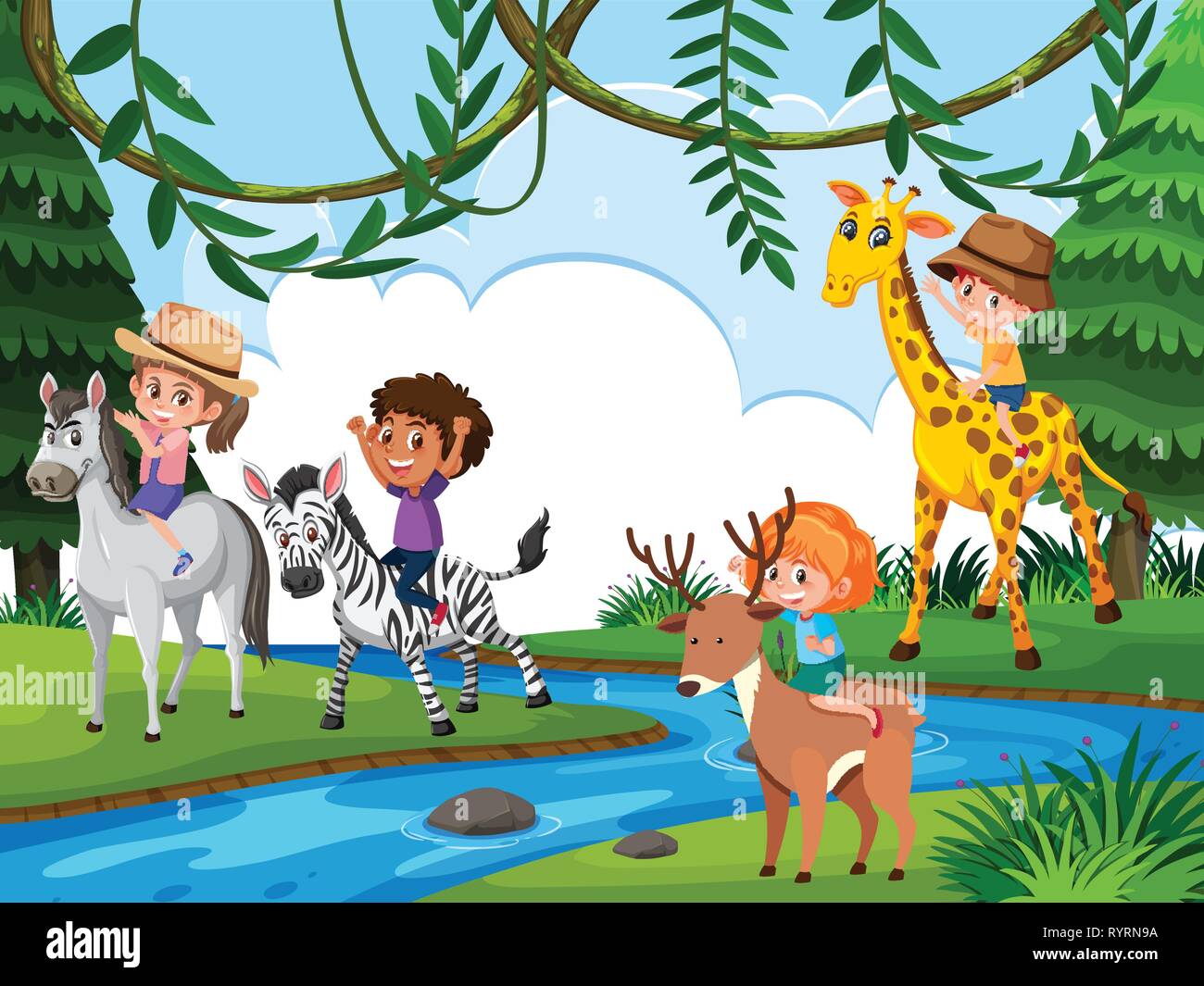 Children riding animal in nature illustration Stock Vector Image & Art ...